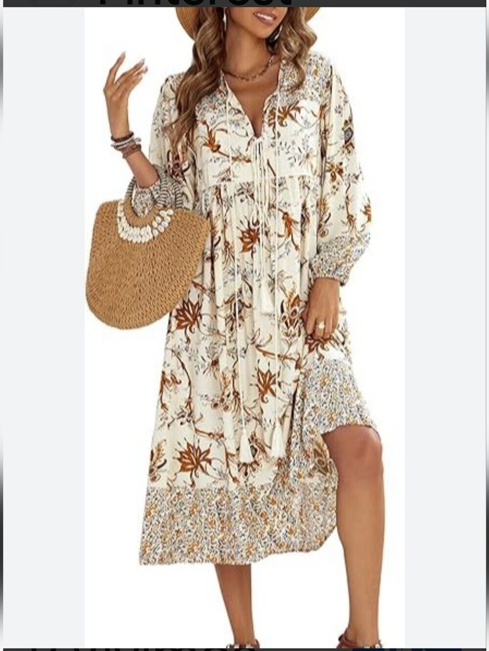 Boho Cream Floral Midi Dress with Rust Accents